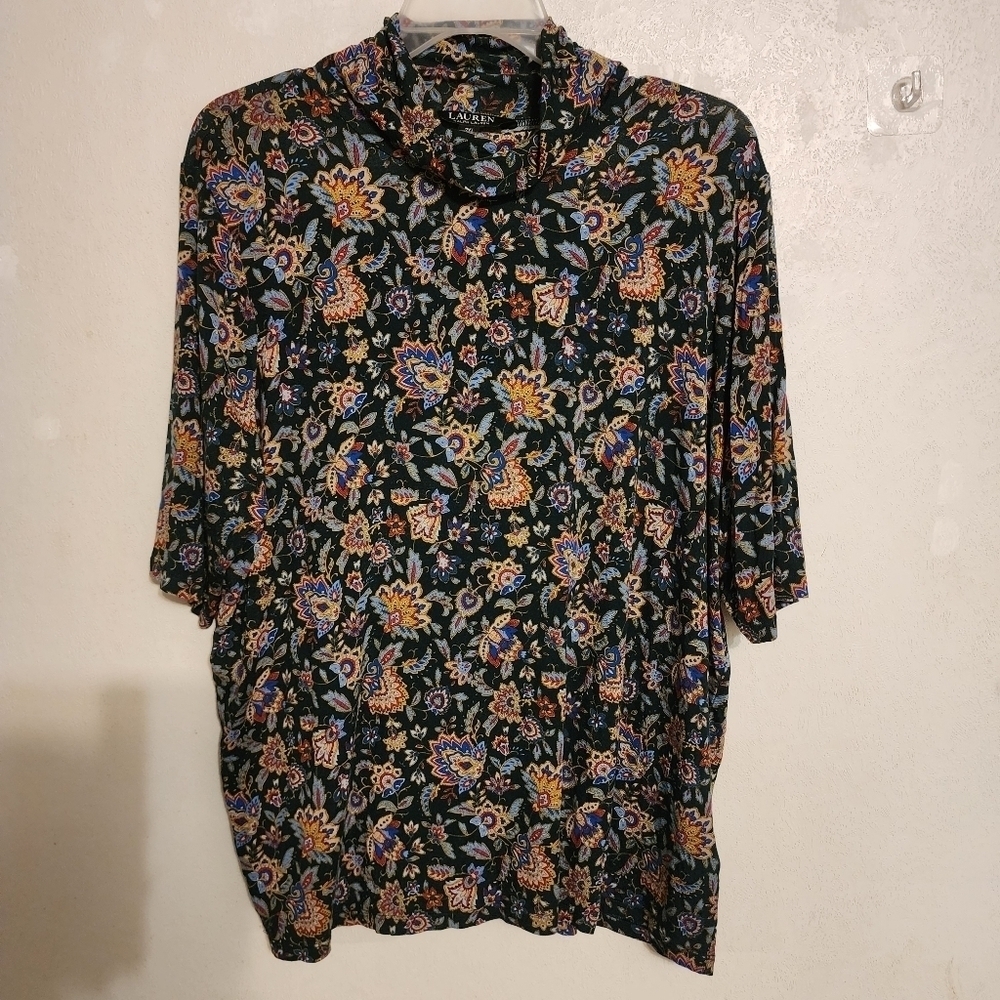 Lauren Ralph Lauren Ascot Print Jersey Mock Neck Green Paisley Blouse Size 2X